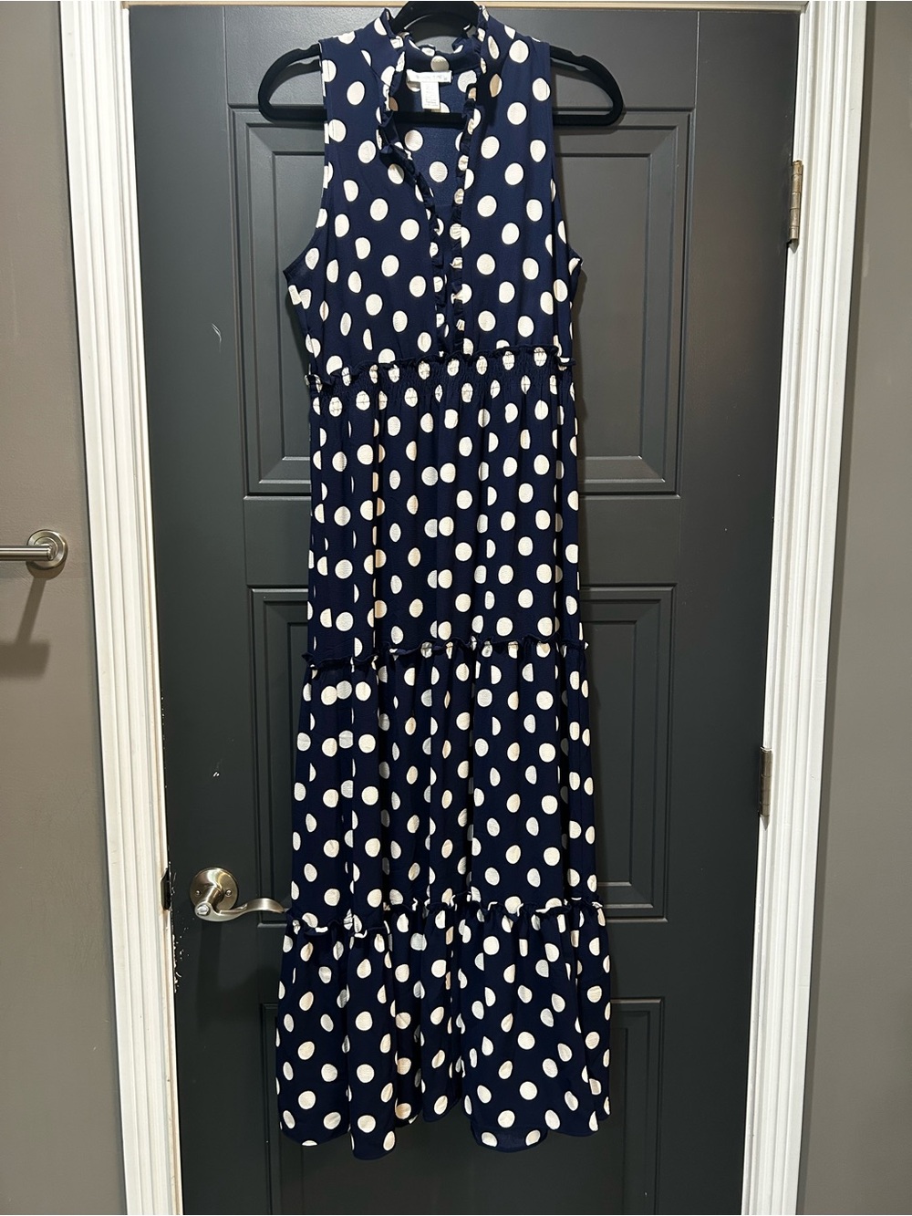 London Times Navy and White Polka Dot Tiered Maxi Dress